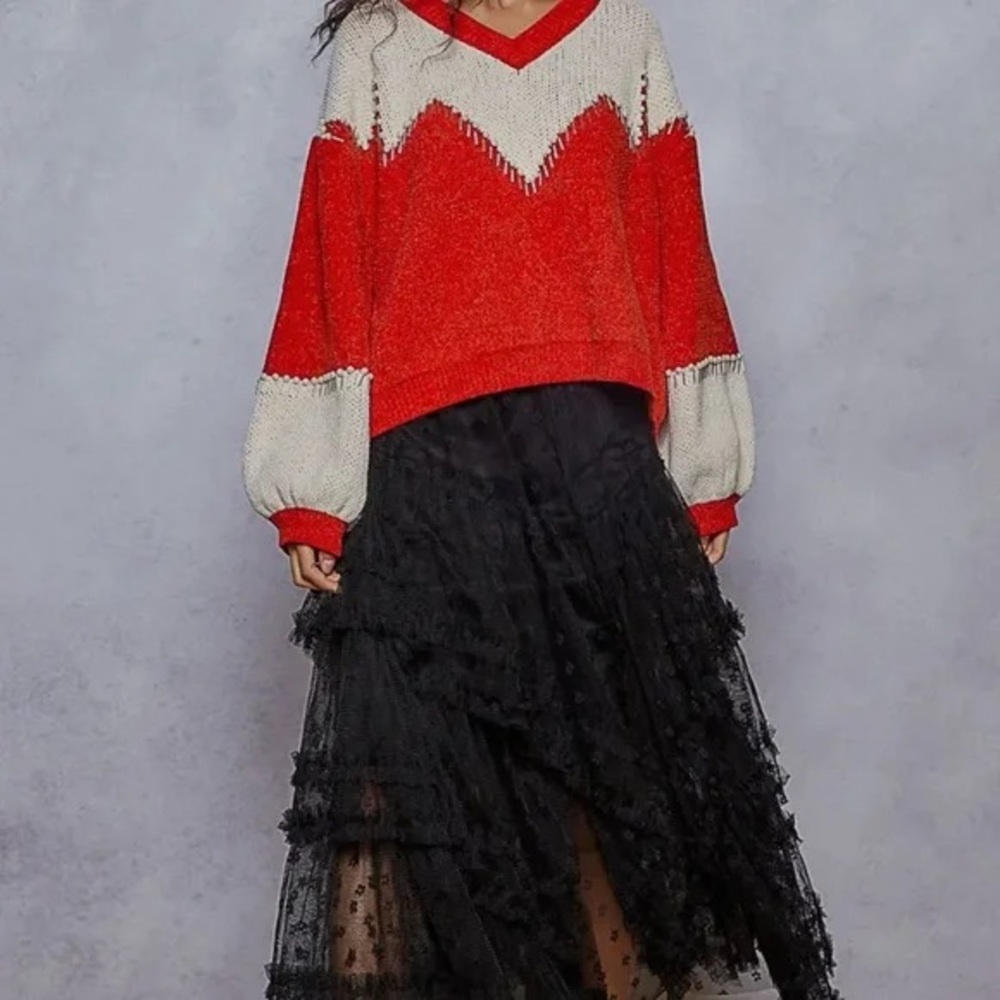 POL Women Red Cream Oversized Chenille Sweater Embellished Pearl Silver Accents - Picture 9 of 9